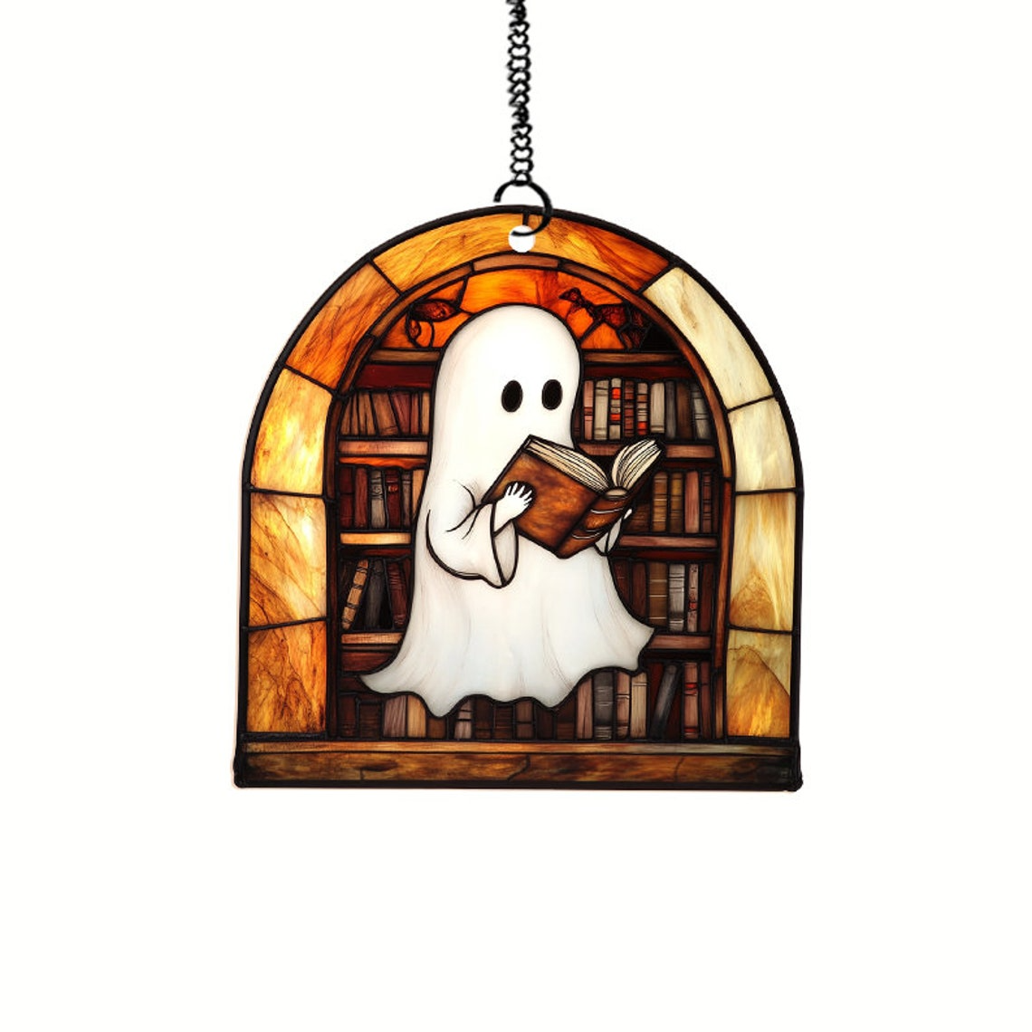 Cute Ghost Reading Book Halloween Stained Glass, Cute Ghost Suncatcher Decor