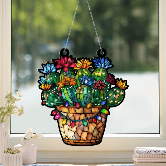 Flower Cactus Pot Christmas Ornament, Succulent Cactus Flowers Window Suncatcher