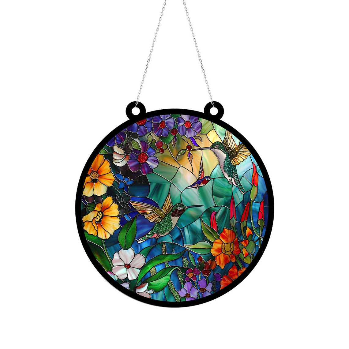 Hummingbirds and Wild Flowers Stained Glass Suncatcher, Hummingbird Hanging Ornament Decor