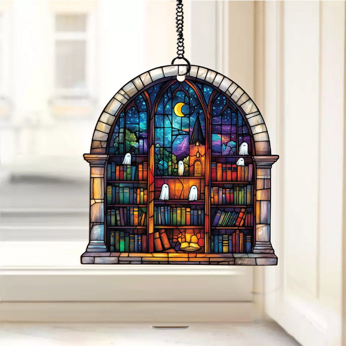 Ghosts in Haunted Library Suncatcher, Spooky Ghost Window Hanging Decor