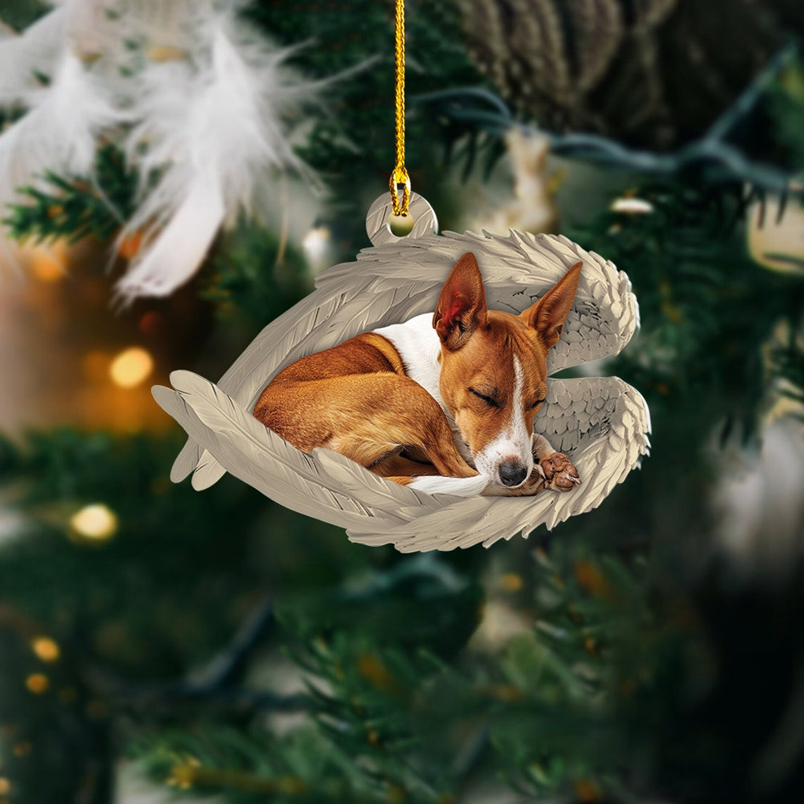 Basenji Dog Sleeping Angel Wings Ornament Gift, Christmas Basenji Dog Car Ornament Decor