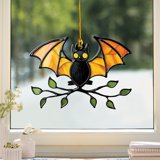 Bat Eyes Yellow Halloween Suncatcher Ornament, Halloween Bat Hanging Decor Gift