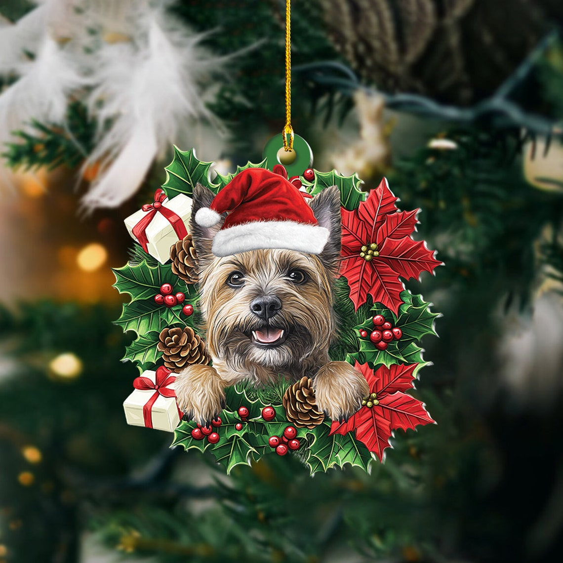 Cute Cairn Terrier Dog Christmas Wreath Ornament, Cairn Terrier Dog Hanging Christmas Ornament