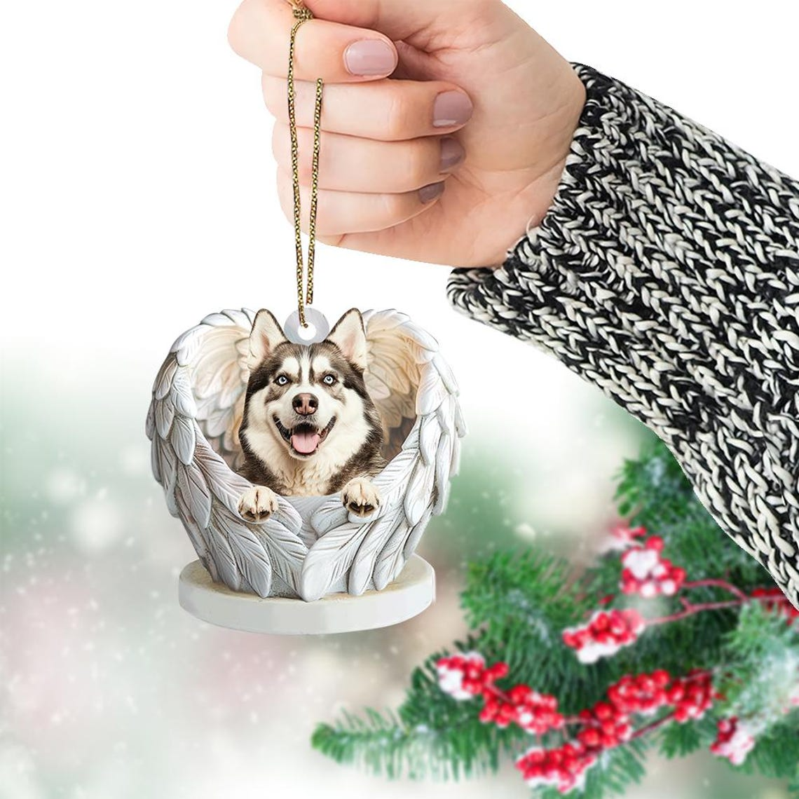 Cute Alaskan Malamute Dog Angel Wings Ornament, Christmas Alaskan Dog Flat Hanging Decor Ornament