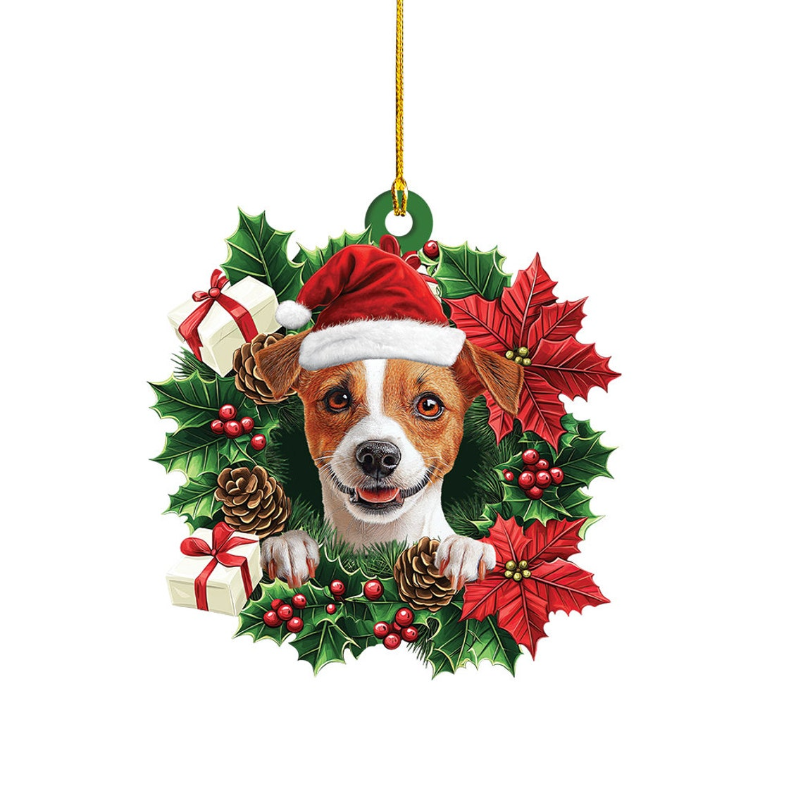 Jack Russell Terrier Dog Christmas Wreath Ornament, Jack Russell Terrier Dog Christmas Ornament