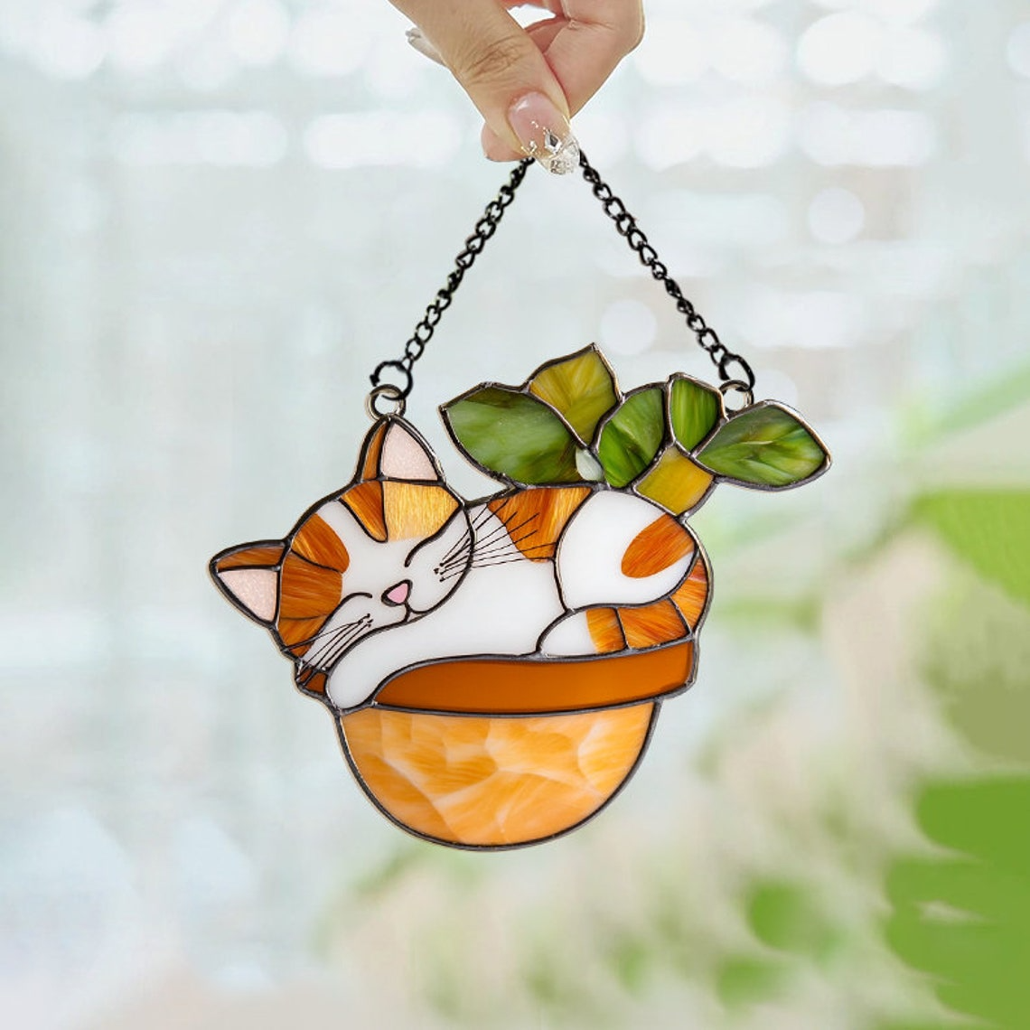 Cat Sleeping on Flower Pot Suncatcher, Cat on Flower Pot Hanging Decor