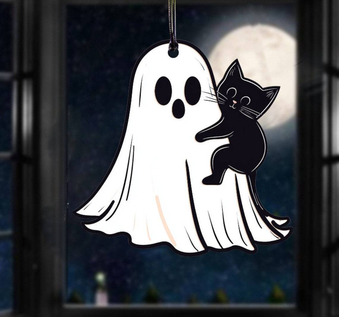 Halloween Cute Ghost And Black Cat Suncatcher Decor, Cute Ghost Hanging Ornament Home Decor