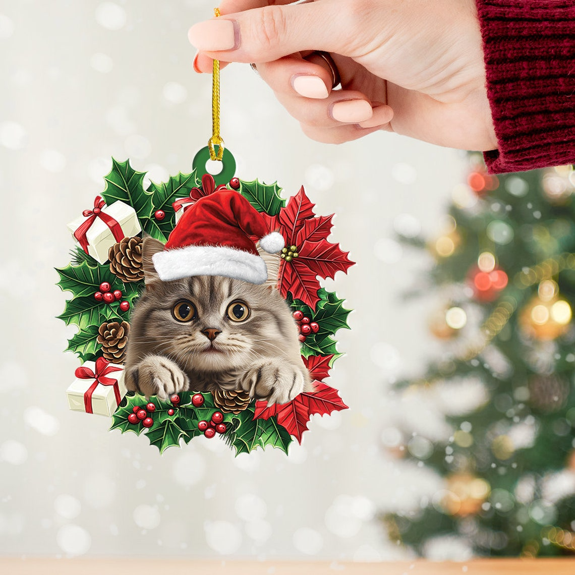 British Longhair Cat Christmas Wreath Ornament, Cute Cat Christmas Ornament Decor Gift