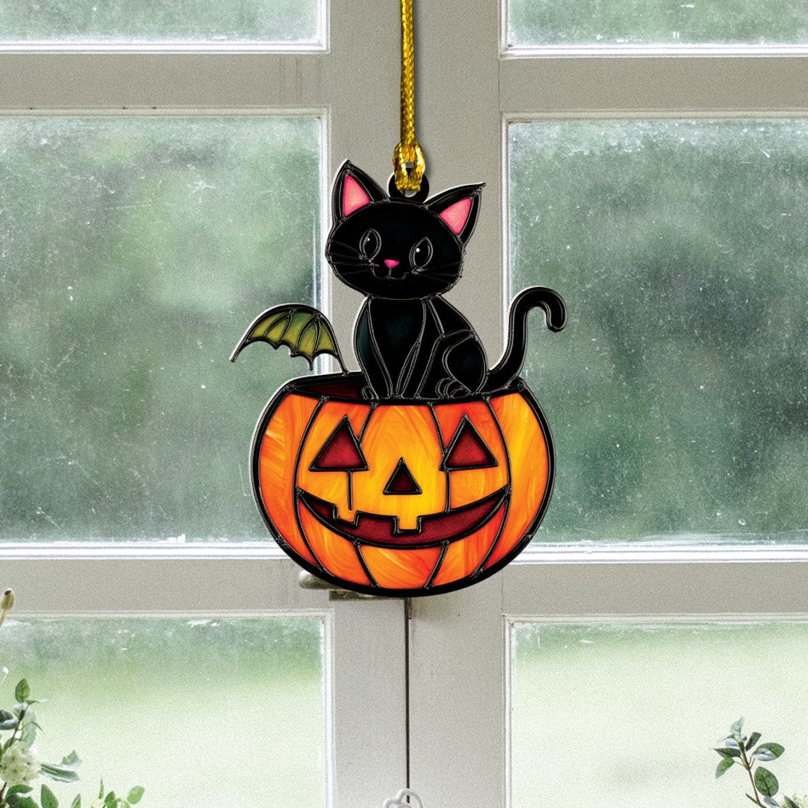 Cat Sitting on Pumpkin Suncatcher Ornament, Halloween Cat Sitting on Pumpkin Home Decor