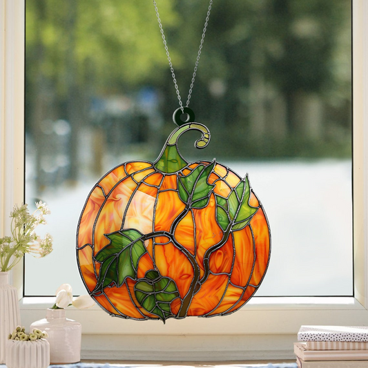 Pumpkin & Leaves Autumn Suncatcher, Halloween Pumpkin Hanging Window Ornament