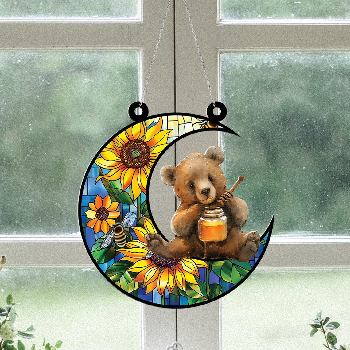 Cute Bear with Jar of Honey Hanging Suncatcher, Bear On Moon Window Hanging Ornament