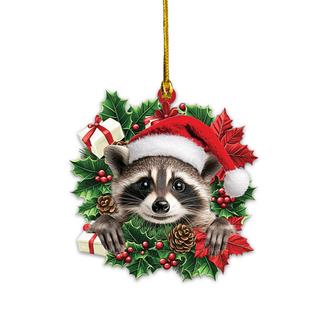 Raccoon Christmas Tree Wreath Ornament, Raccoon Hat Santa Hanging Christmas Ornament