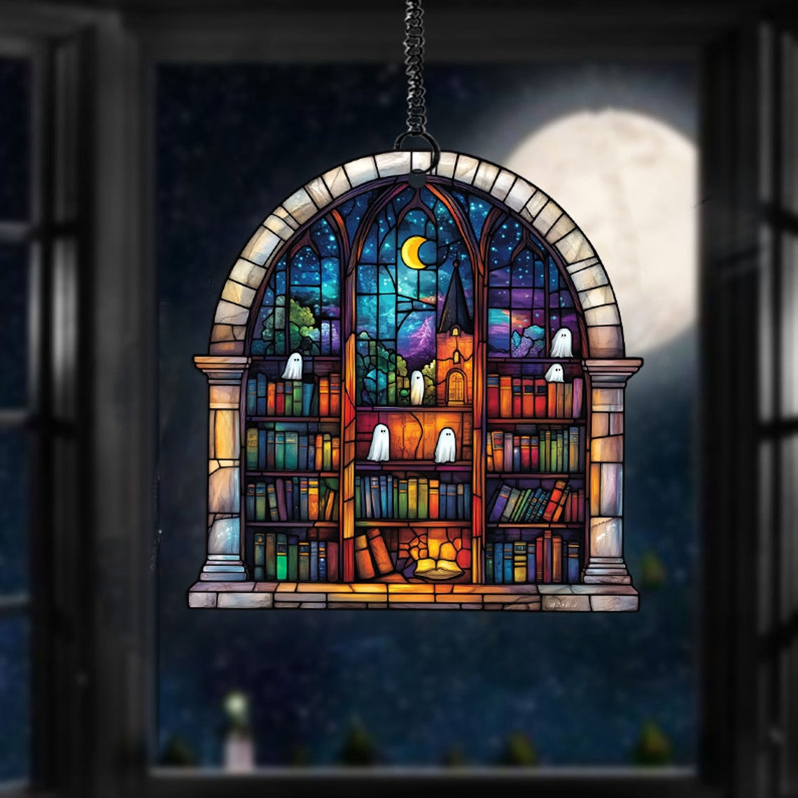 Ghosts in Haunted Library Suncatcher, Spooky Ghost Window Hanging Decor