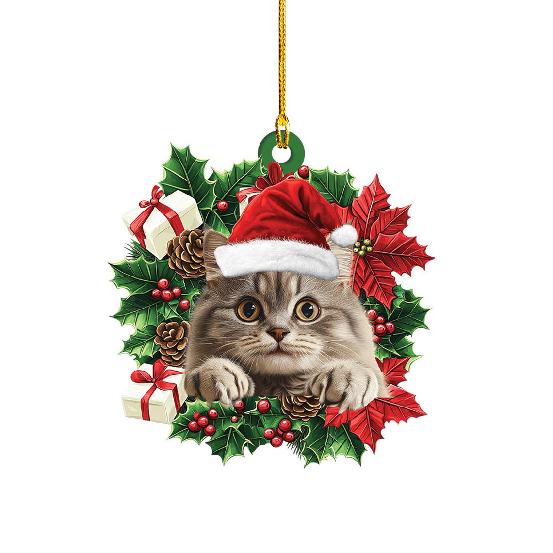 British Longhair Cat Christmas Wreath Ornament, Cute Cat Christmas Ornament Decor Gift