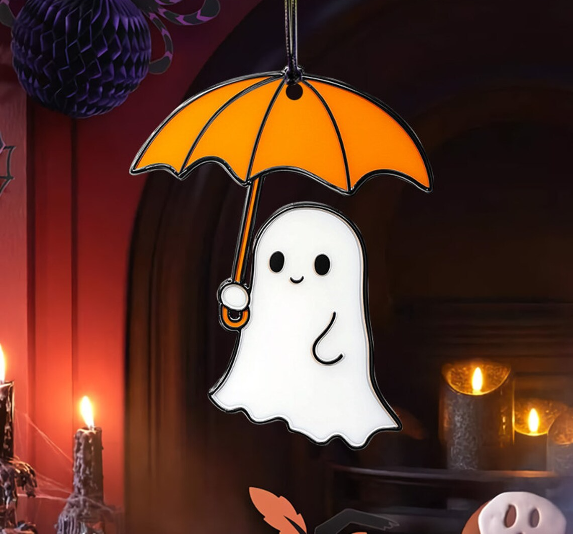 Cute Ghost Holding Umbrella Halloween Suncatcher, Cute Ghost Window Hanging Decor