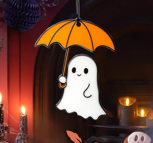 Cute Ghost Holding Umbrella Halloween Suncatcher, Cute Ghost Window Hanging Decor