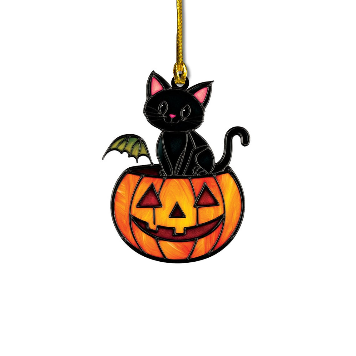 Cat Sitting on Pumpkin Suncatcher Ornament, Halloween Cat Sitting on Pumpkin Home Decor