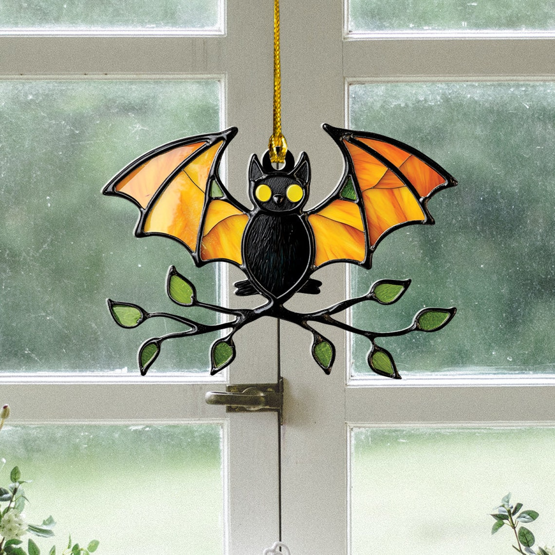 Bat Eyes Yellow Halloween Suncatcher Ornament, Halloween Bat Hanging Decor Gift