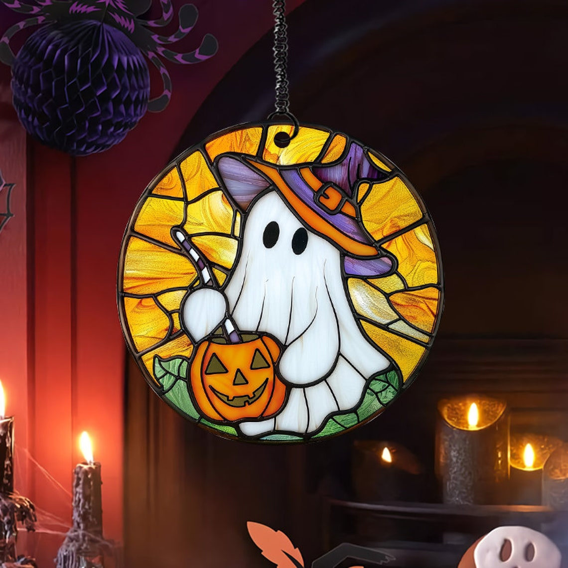 Ghost Witch Drink Pumpkin Suncatcher Ornament, Halloween Cute Ghost Ornament Gift