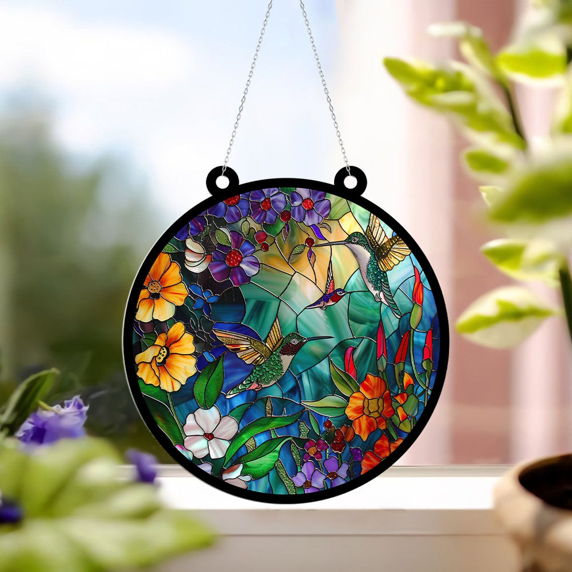 Hummingbirds and Wild Flowers Stained Glass Suncatcher, Hummingbird Hanging Ornament Decor