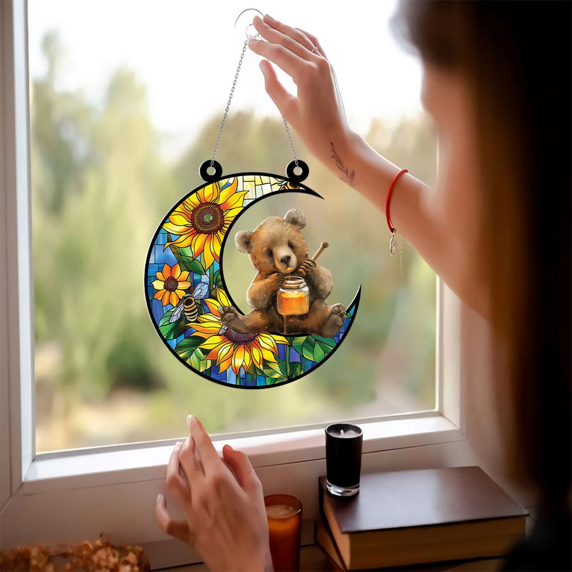 Cute Bear with Jar of Honey Hanging Suncatcher, Bear On Moon Window Hanging Ornament