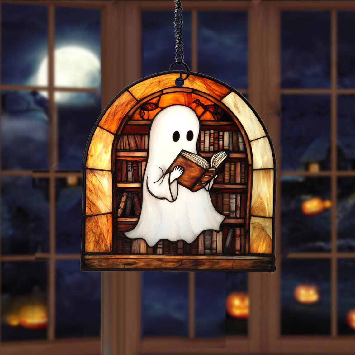 Cute Ghost Reading Book Halloween Stained Glass, Cute Ghost Suncatcher Decor