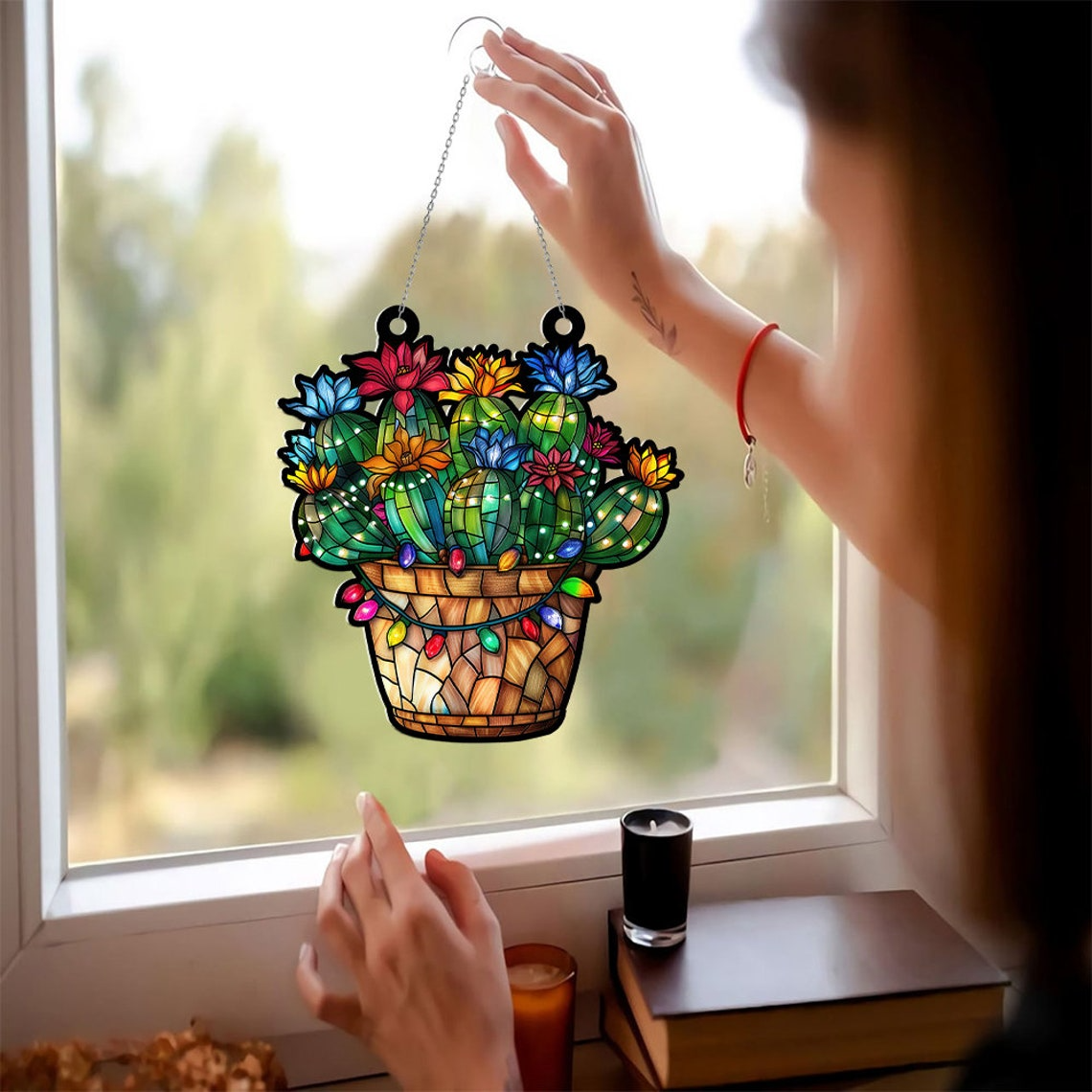 Flower Cactus Pot Christmas Ornament, Succulent Cactus Flowers Window Suncatcher