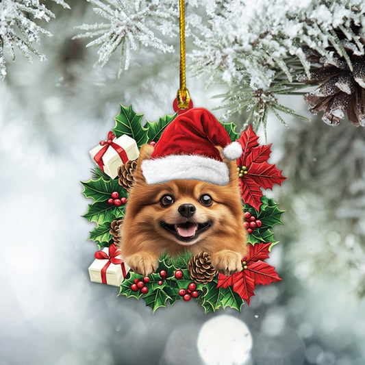 Pomeranian Dog Christmas Wreath Ornament, Pomeranian Dog Christmas Tree Ornament Decor