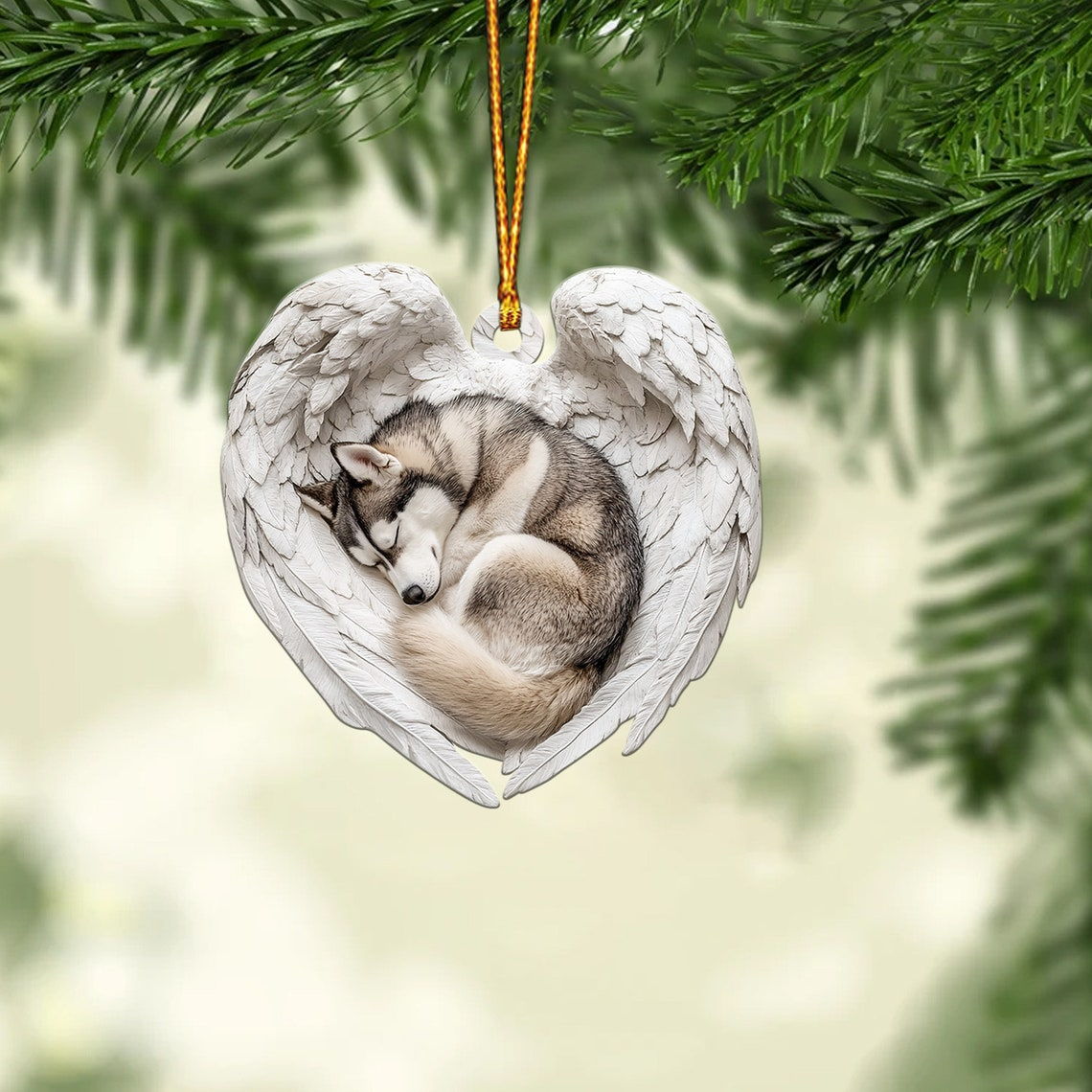 Lovely Husky Dog Sleeping Angel Wings Ornament, Dog Hanging Christmas Ornament Gift