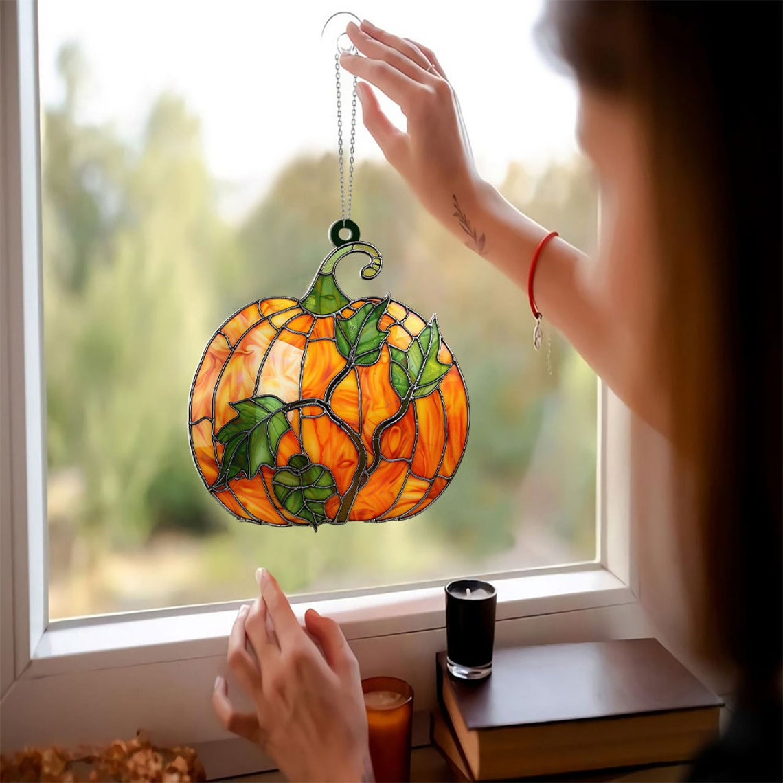 Pumpkin & Leaves Autumn Suncatcher, Halloween Pumpkin Hanging Window Ornament