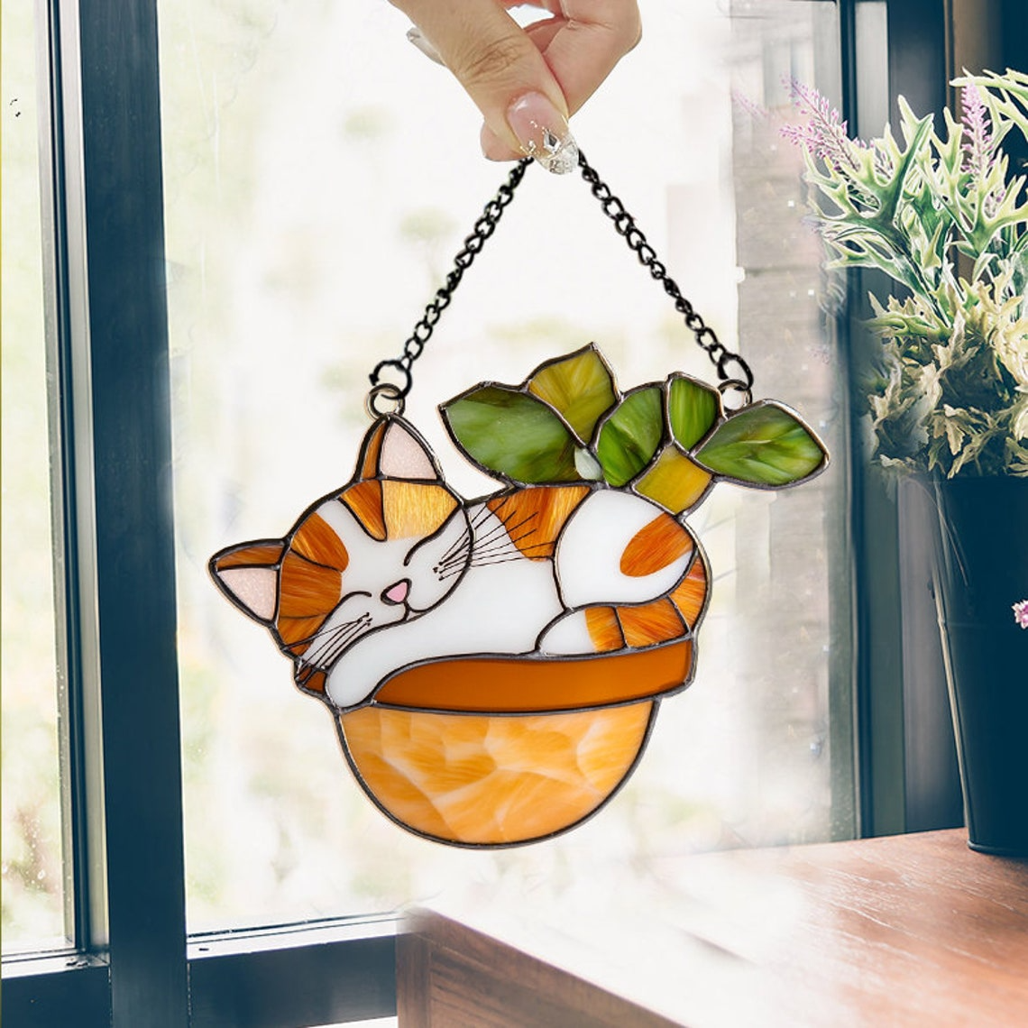 Cat Sleeping on Flower Pot Suncatcher, Cat on Flower Pot Hanging Decor