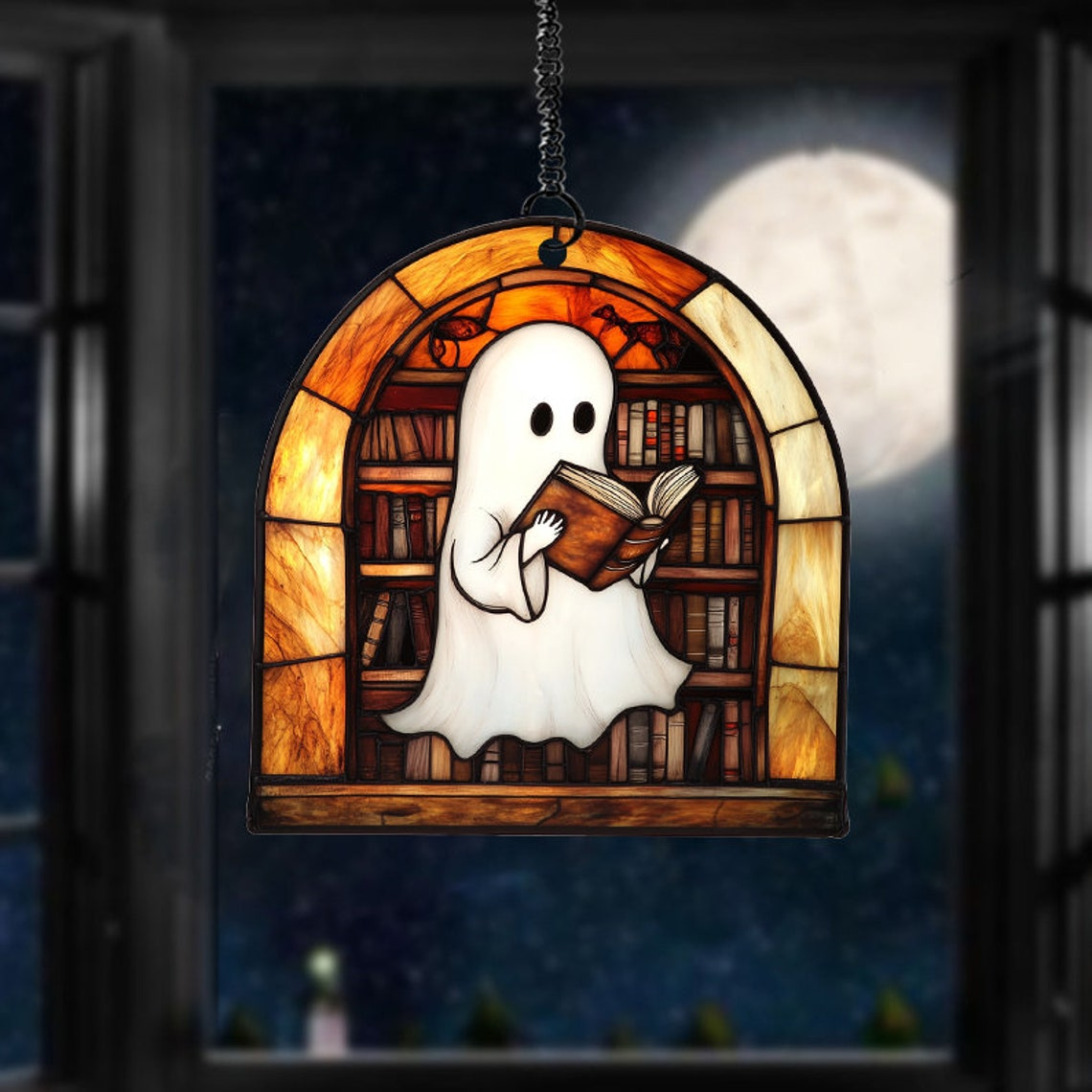 Cute Ghost Reading Book Halloween Stained Glass, Cute Ghost Suncatcher Decor