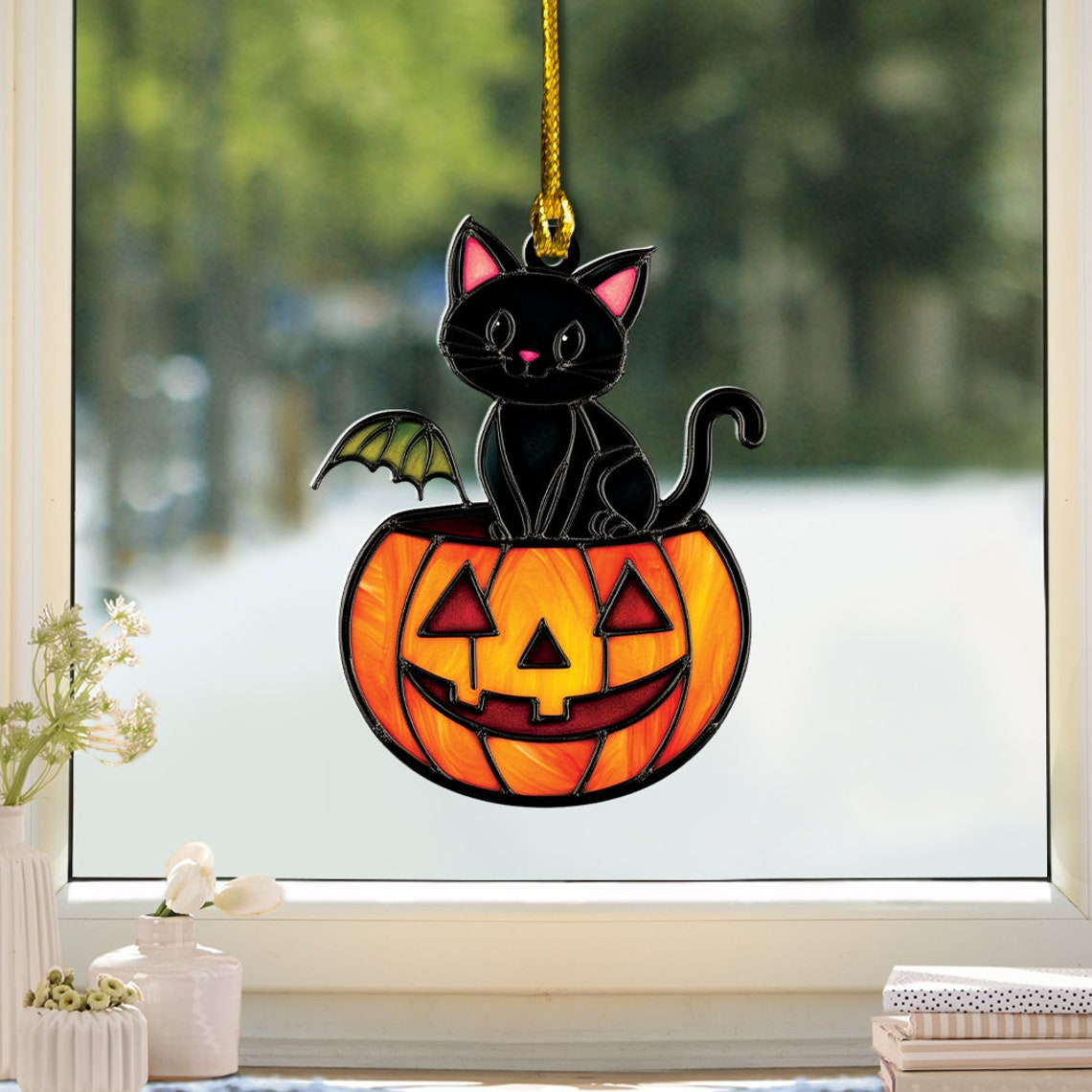 Cat Sitting on Pumpkin Suncatcher Ornament, Halloween Cat Sitting on Pumpkin Home Decor