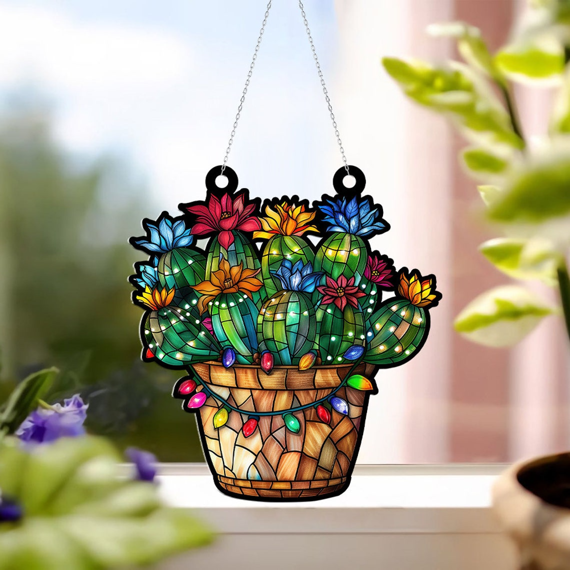 Flower Cactus Pot Christmas Ornament, Succulent Cactus Flowers Window Suncatcher