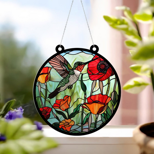 Hummingbird Poppy Hanging Suncatcher Decor, Hummingbird and Flower Pretty Ornament