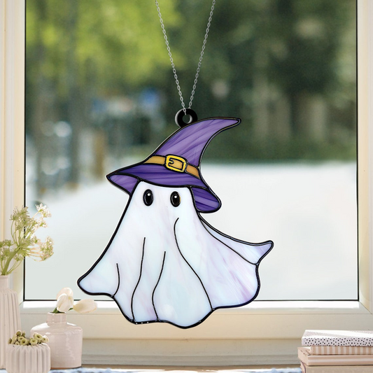 Cute Ghost Witch and Hat Purple Suncatcher, Halloween Witch Boo Ornament Gift