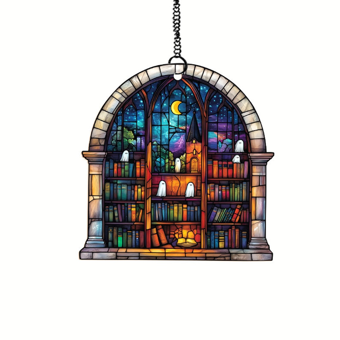 Ghosts in Haunted Library Suncatcher, Spooky Ghost Window Hanging Decor