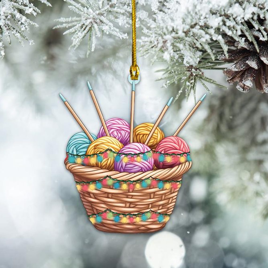 Knitting Basket Christmas Tree Ornament Decor, Christmas Knitting Yarn Hanging Ornament Decor