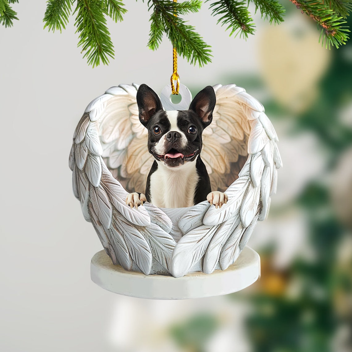 Boston Terrier Dog Angel Wings Christmas Ornament, Boston Terrier Dog Hanging Christmas Ornament