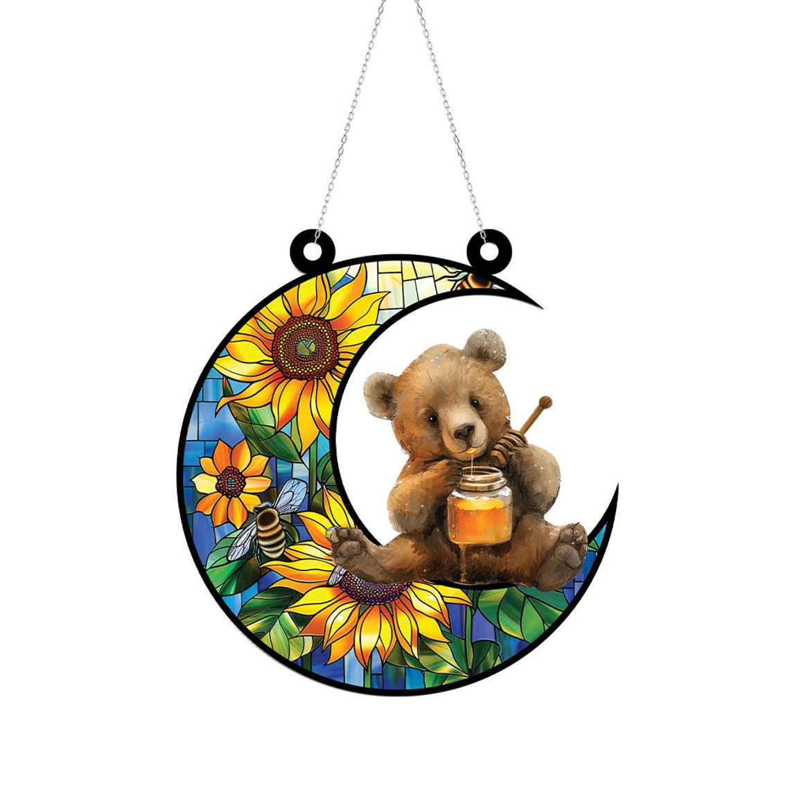 Cute Bear with Jar of Honey Hanging Suncatcher, Bear On Moon Window Hanging Ornament