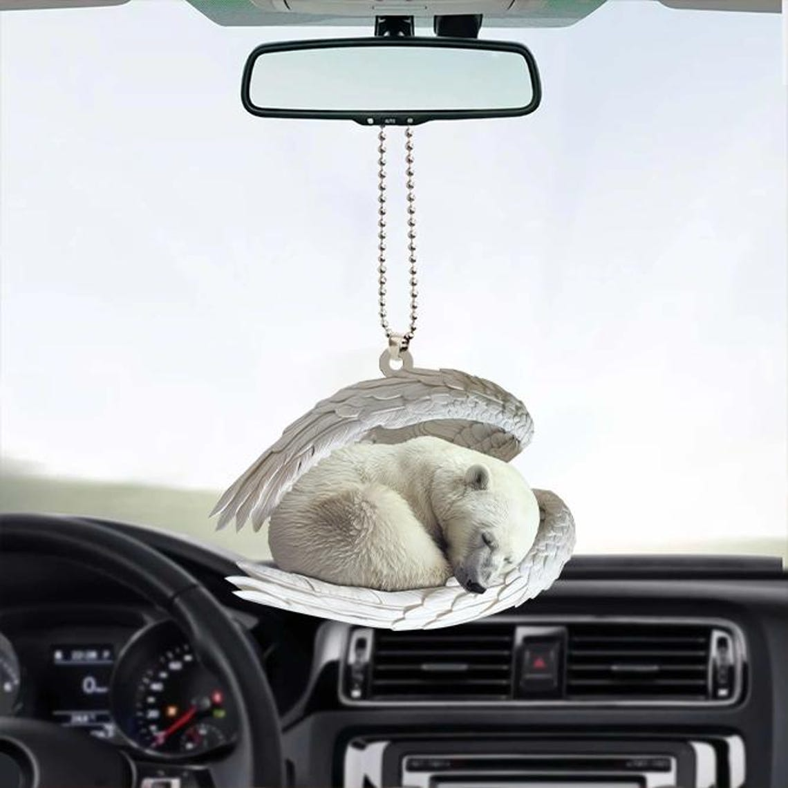 White Bear Angel Wings Car Christmas Ornament, White Bear Sleeping Angel Ornament Decor