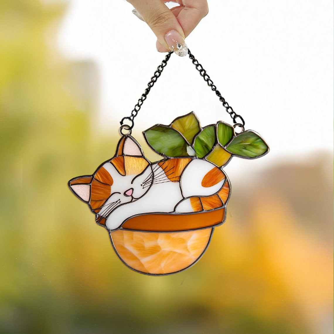 Cat Sleeping on Flower Pot Suncatcher, Cat on Flower Pot Hanging Decor