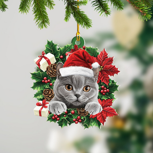 British Shorthair Cat Christmas Wreath Ornament, British Shorthair Cat Car Ornament Decor Gift