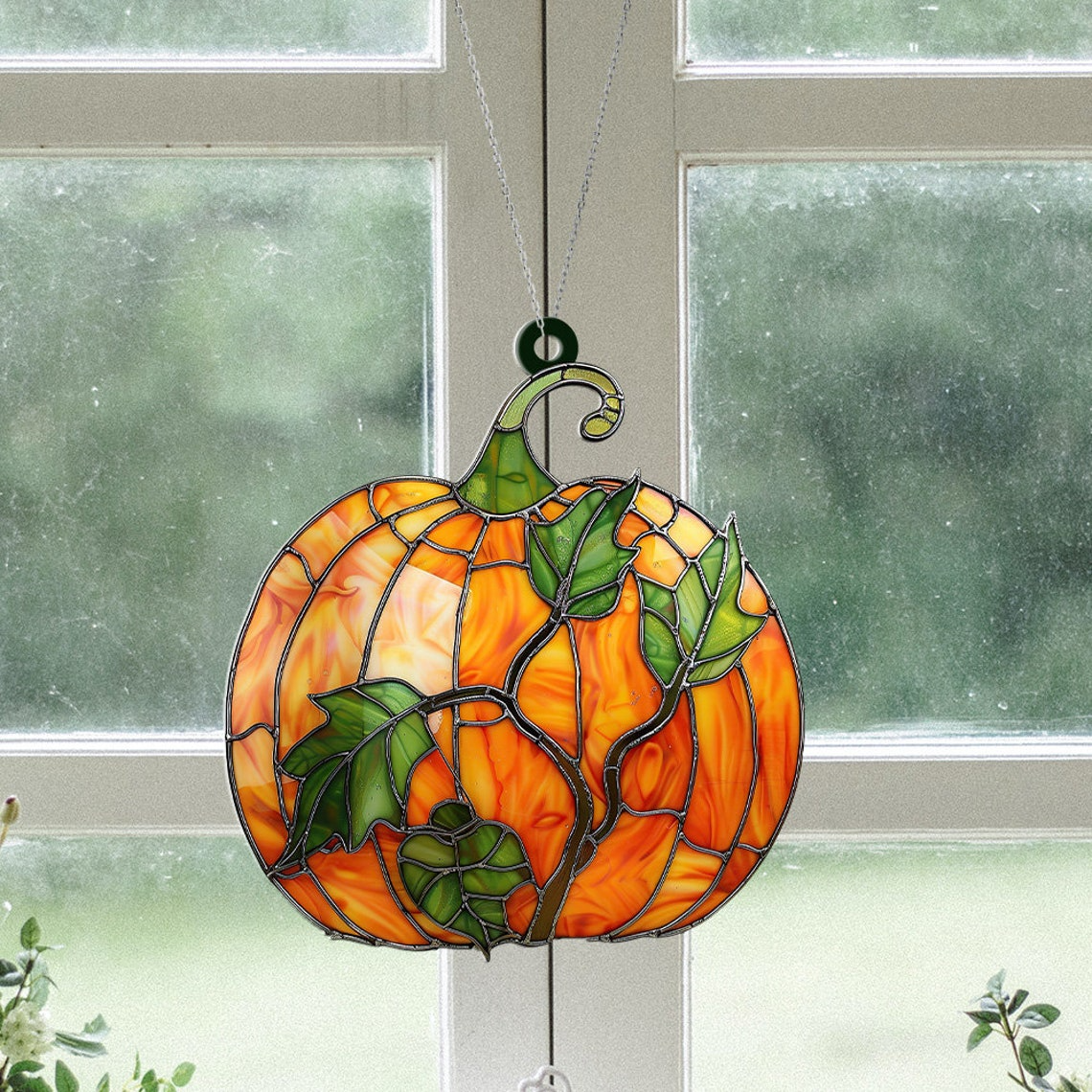 Pumpkin & Leaves Autumn Suncatcher, Halloween Pumpkin Hanging Window Ornament