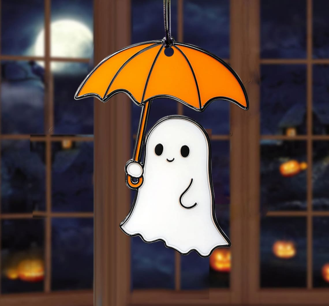 Cute Ghost Holding Umbrella Halloween Suncatcher, Cute Ghost Window Hanging Decor