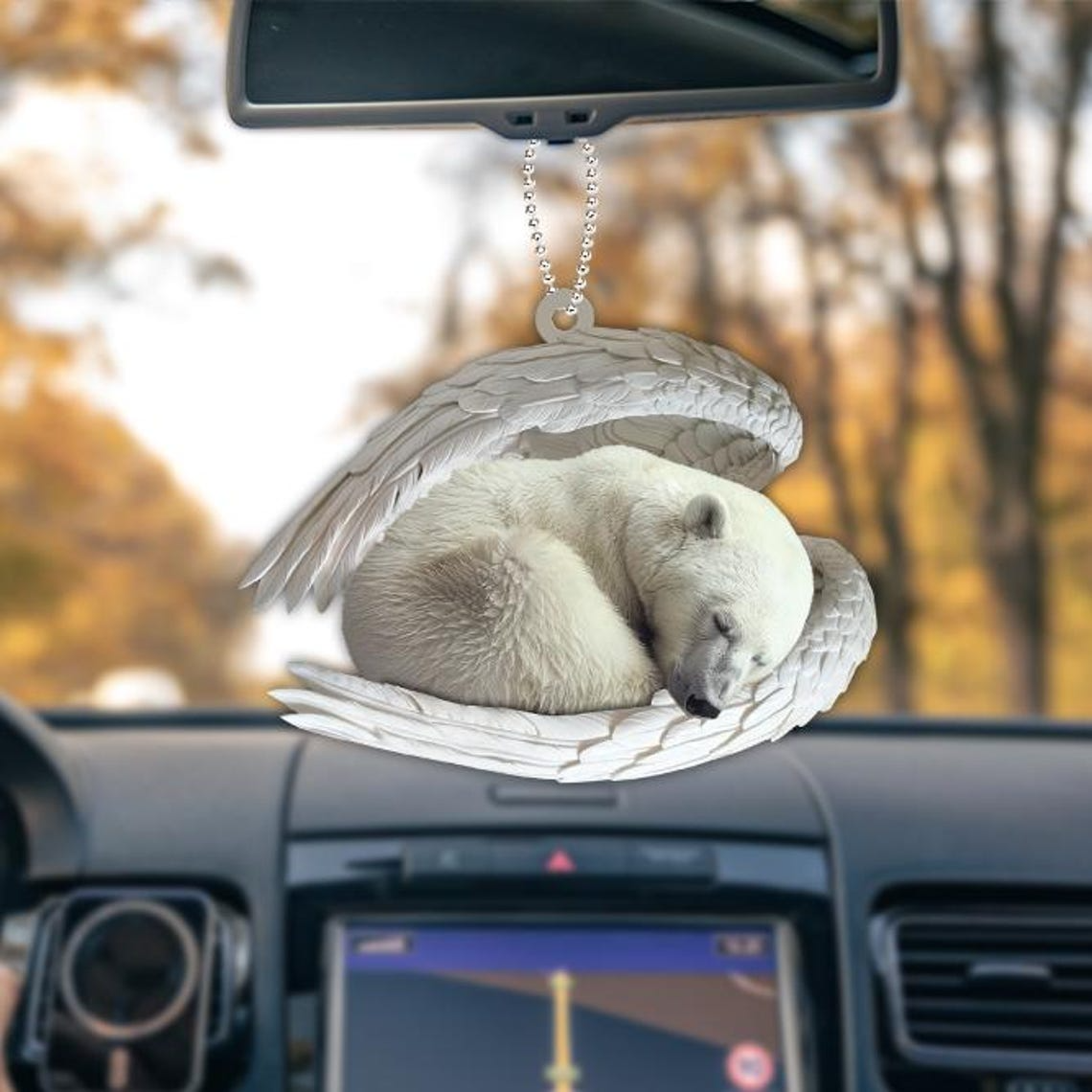 White Bear Angel Wings Car Christmas Ornament, White Bear Sleeping Angel Ornament Decor