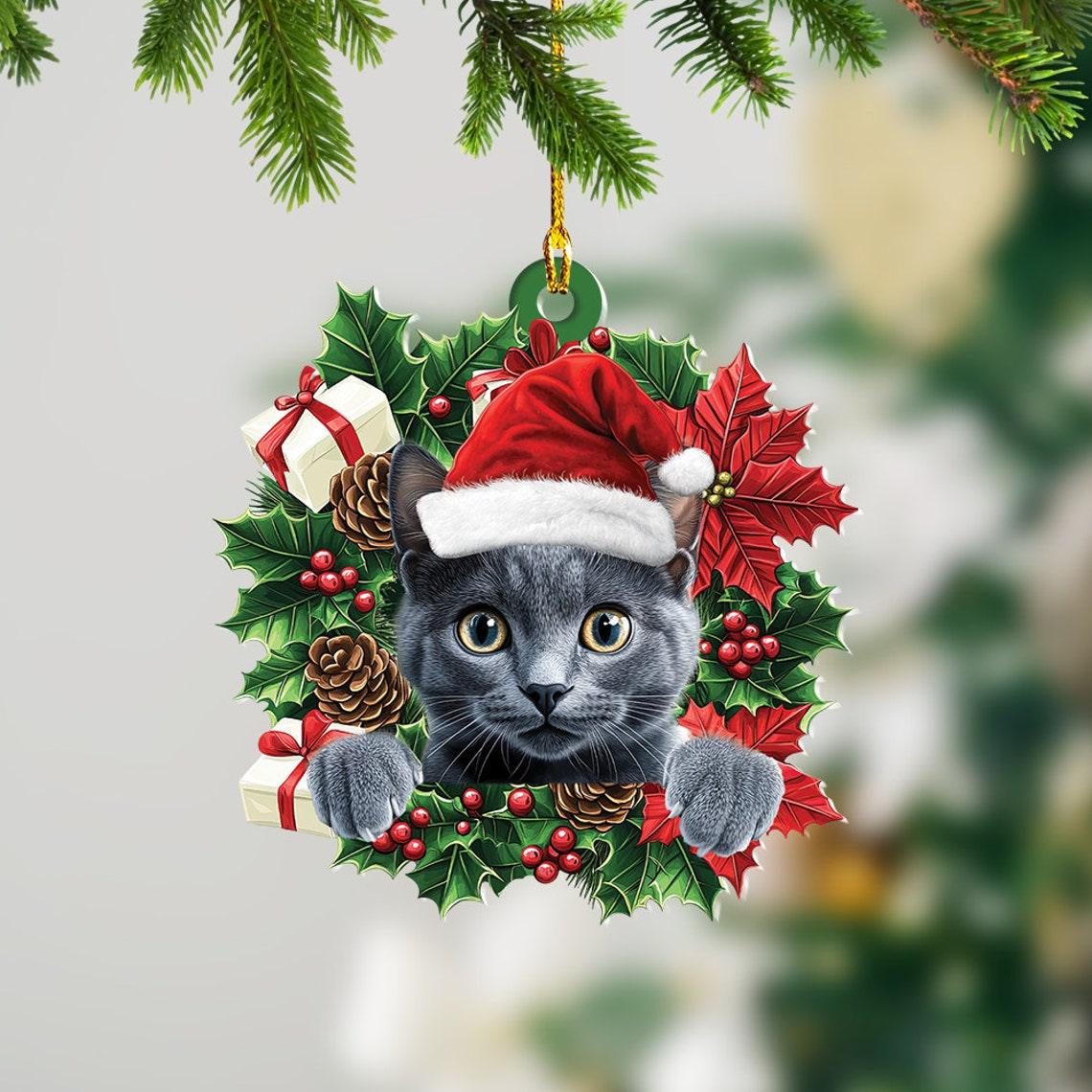 Cute Cat Hanging Christmas Wreath Ornament, Russian Blue Cat Christmas Ornament Decor Gift