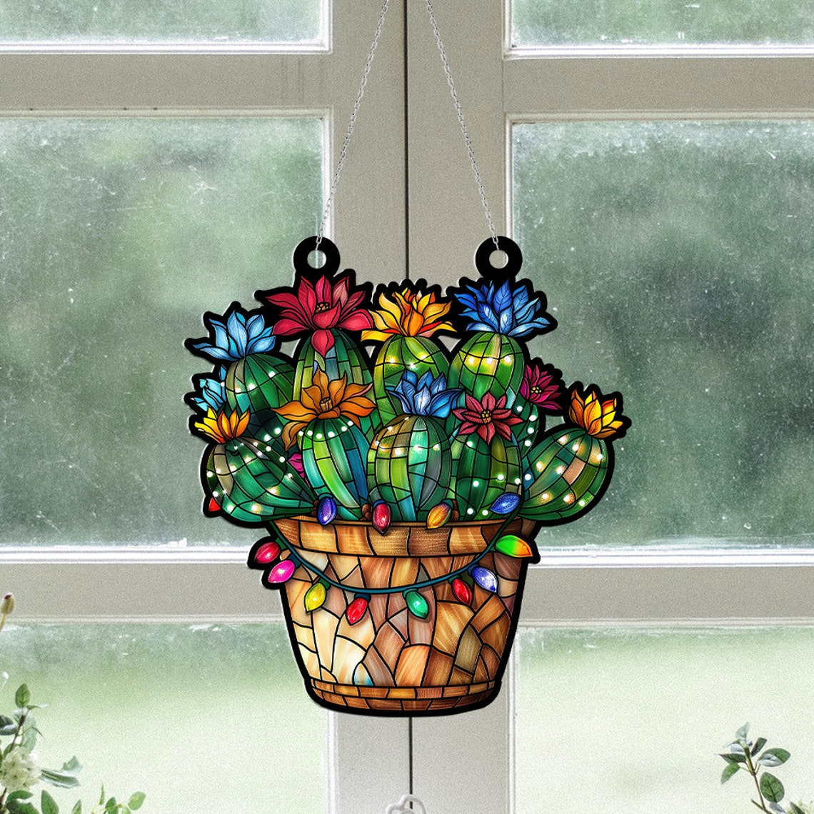 Flower Cactus Pot Christmas Ornament, Succulent Cactus Flowers Window Suncatcher