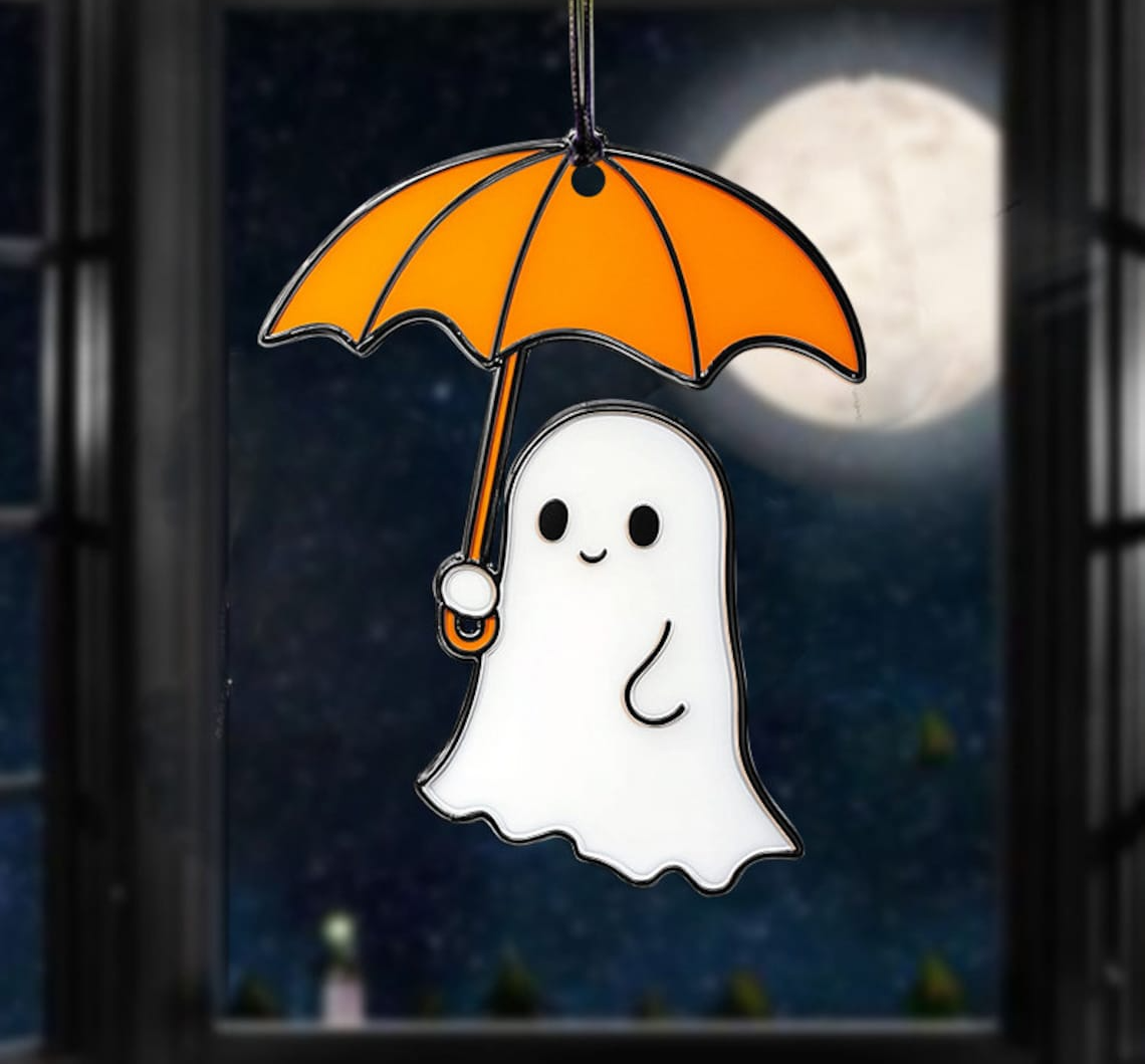 Cute Ghost Holding Umbrella Halloween Suncatcher, Cute Ghost Window Hanging Decor