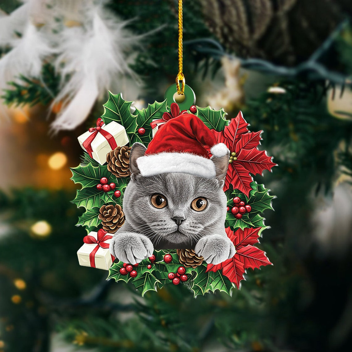 British Shorthair Cat Christmas Wreath Ornament, British Shorthair Cat Car Ornament Decor Gift